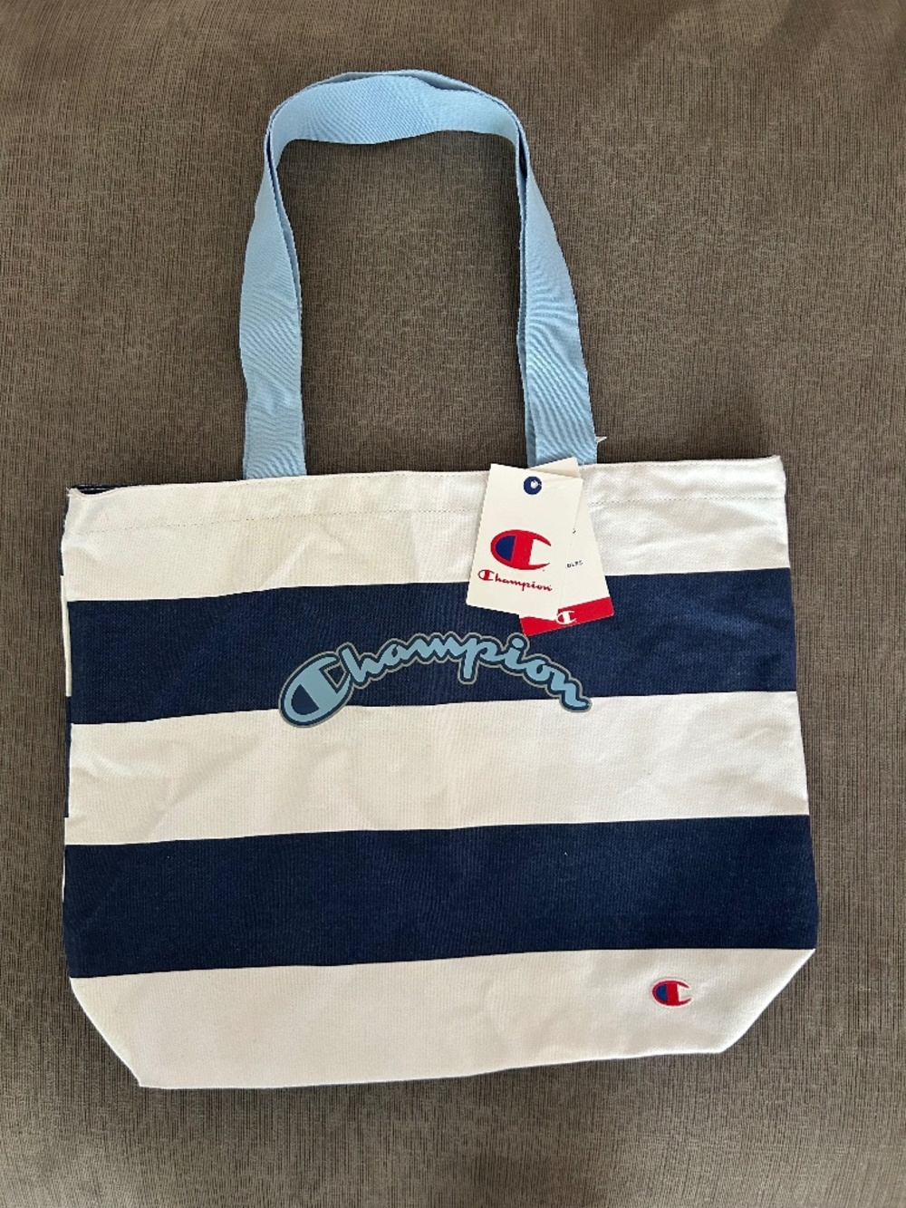 Champion Canvas Shopping Tote Bag Blue White striped NWT
